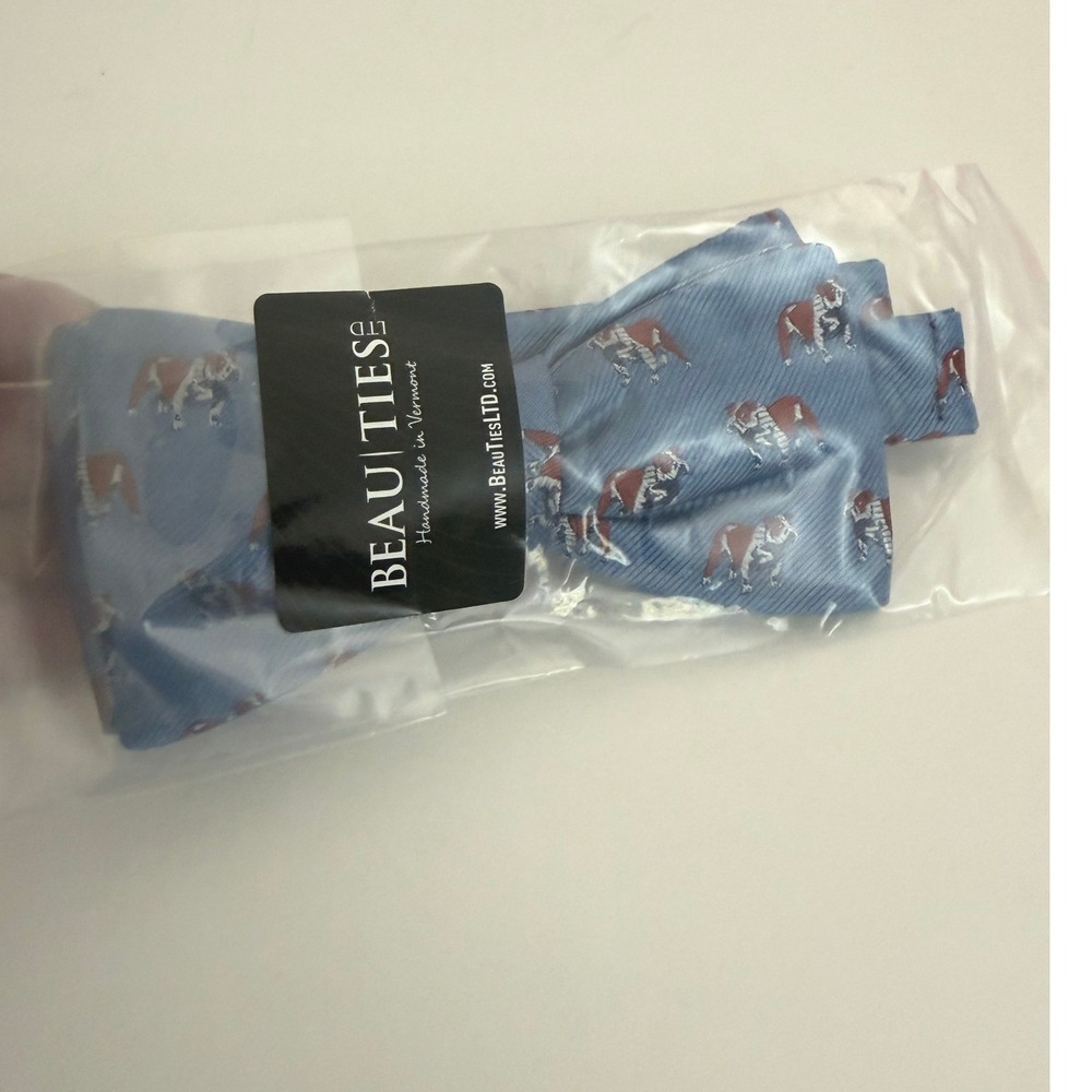 Beau Ties of Vermont Mens Blue Silk Bow Tie English Bulldog‎ Mascot Handmade NIP